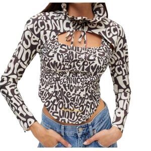 House Of Sunny Black Beige Scooby Text-Print Cotton Blend Poplin Top Size 6